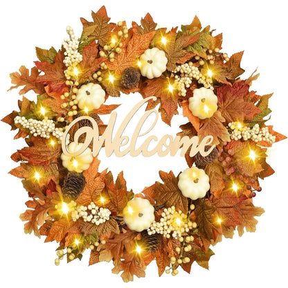 Waipfaru 20inch Fall Wreaths for Front Door,Artificial Autumn Wreath with Lights for Thanksgiving Harvest Halloween Porch Home Decor
