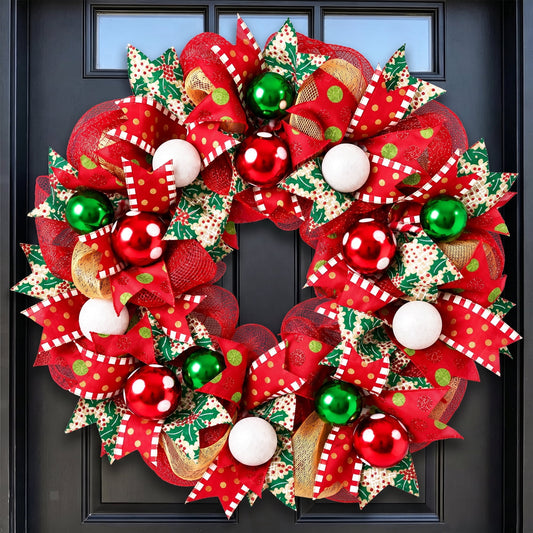Waipfru 20" Christmas Wreath for Front Door, Red and Green Mesh Christmas Wreath with Patterned Ribbons and Ornaments, Indoor Entryway, Wall Wreath for Xmas Decor