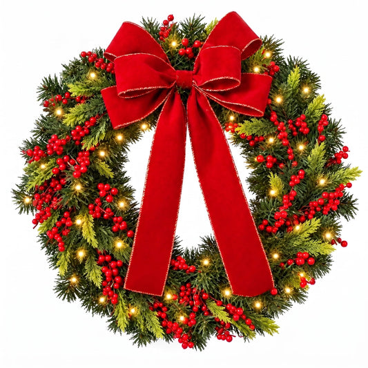 Waipfaru Prelit Christmas Wreaths for Front Door,20 inch Real Touch Pine Wreath with Red Berries,Holiday Winter Wreath for Christmas Decoration