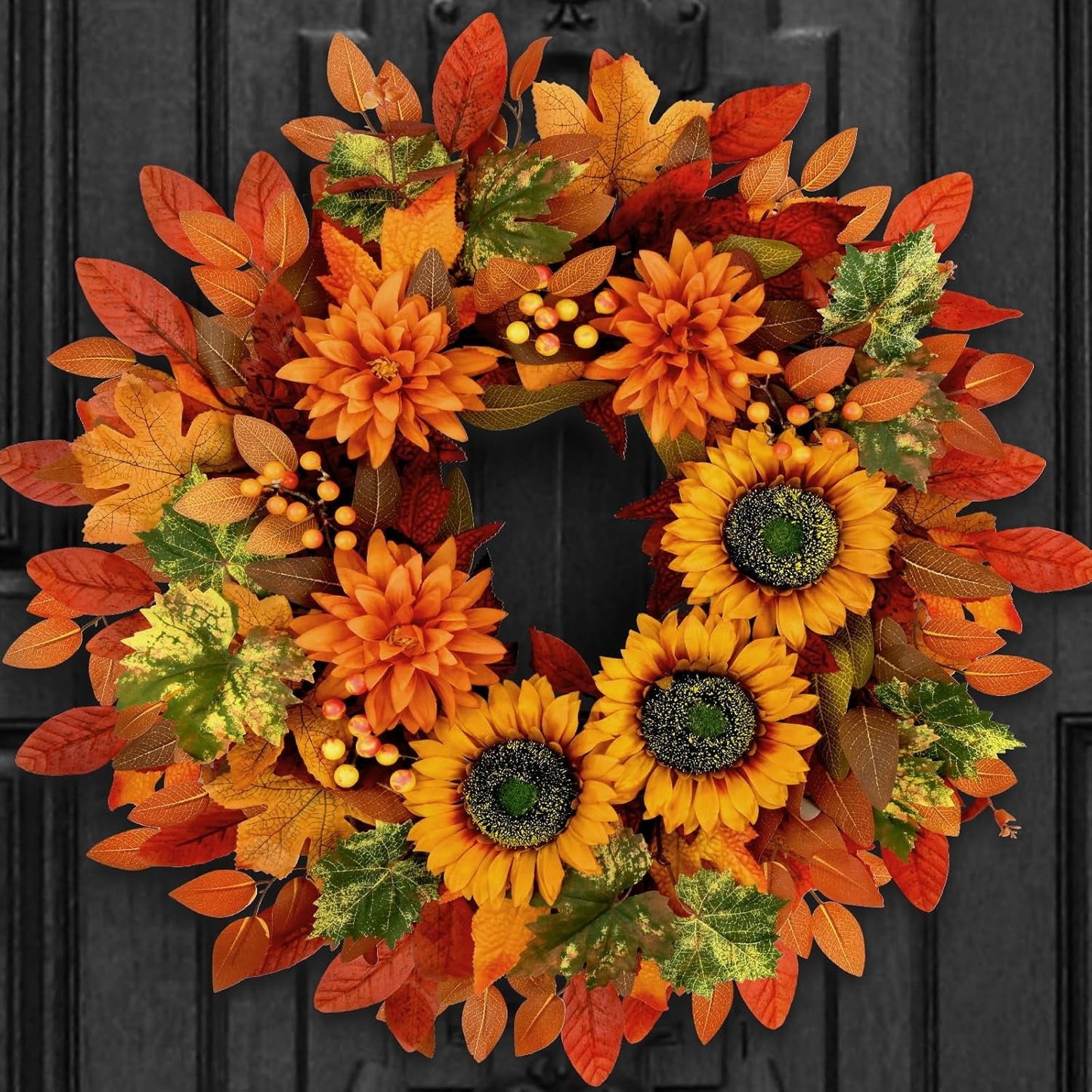 Waipfaru Fall Wreath for Front Door,22inch Sunflower and Dahlia Autumn Wreath, Large Fall Floral Wreath for Thanksgiving, Harvest & Farmhouse Decor