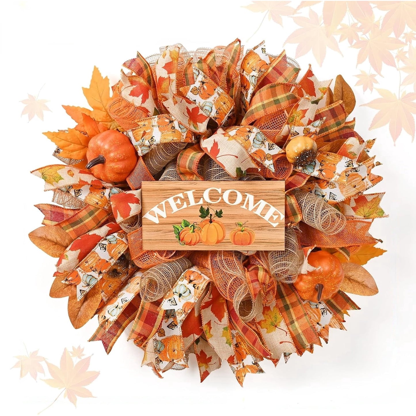 Waipfaru Fall Wreath for Front Door,20inch Autumn Mesh Wreath with Pumpkins, Ribbons,Welcome Sign,Rustic Farmhouse Decor for Thanksgiving Harvest