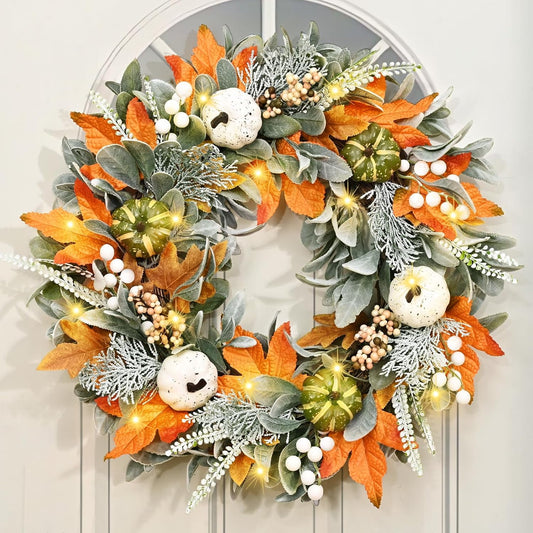 Waipfaru Fall Wreath for Front Door, 22inch Autumn Maple Leaves Wreaths with Lights, Table Centerpiece Thanksgiving Halloween Harvest Festival Decor