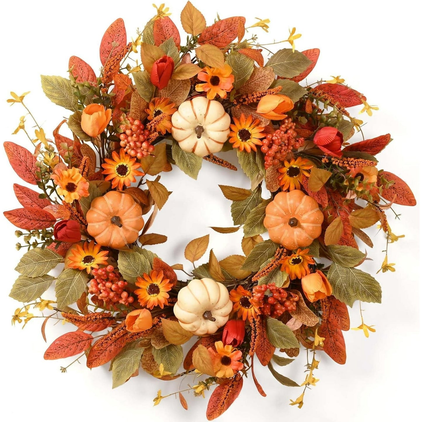 Waipfaru Fall Wreath for Front Door,Large 22inch Autumn Pumpkin Wreath with White Pumpkins, Berries & Flowers,Farmhouse Harvest Decor for Thanksgiving