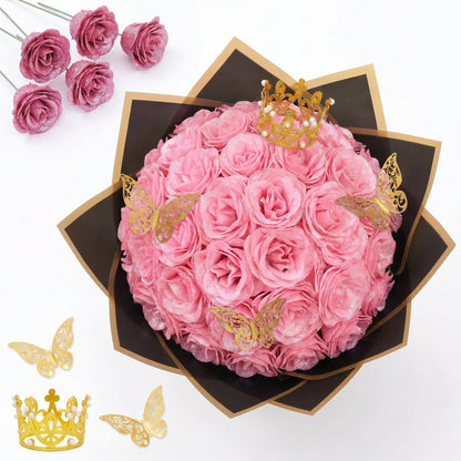 Waipfaru Glitter Roses Bouquet Pink,24pcs Artificial Rose Flower,DIY Glitter Everlasting Rose Bouquet with Stem for Valentine's Day Gifts,Engagement,Anniversary,Wedding