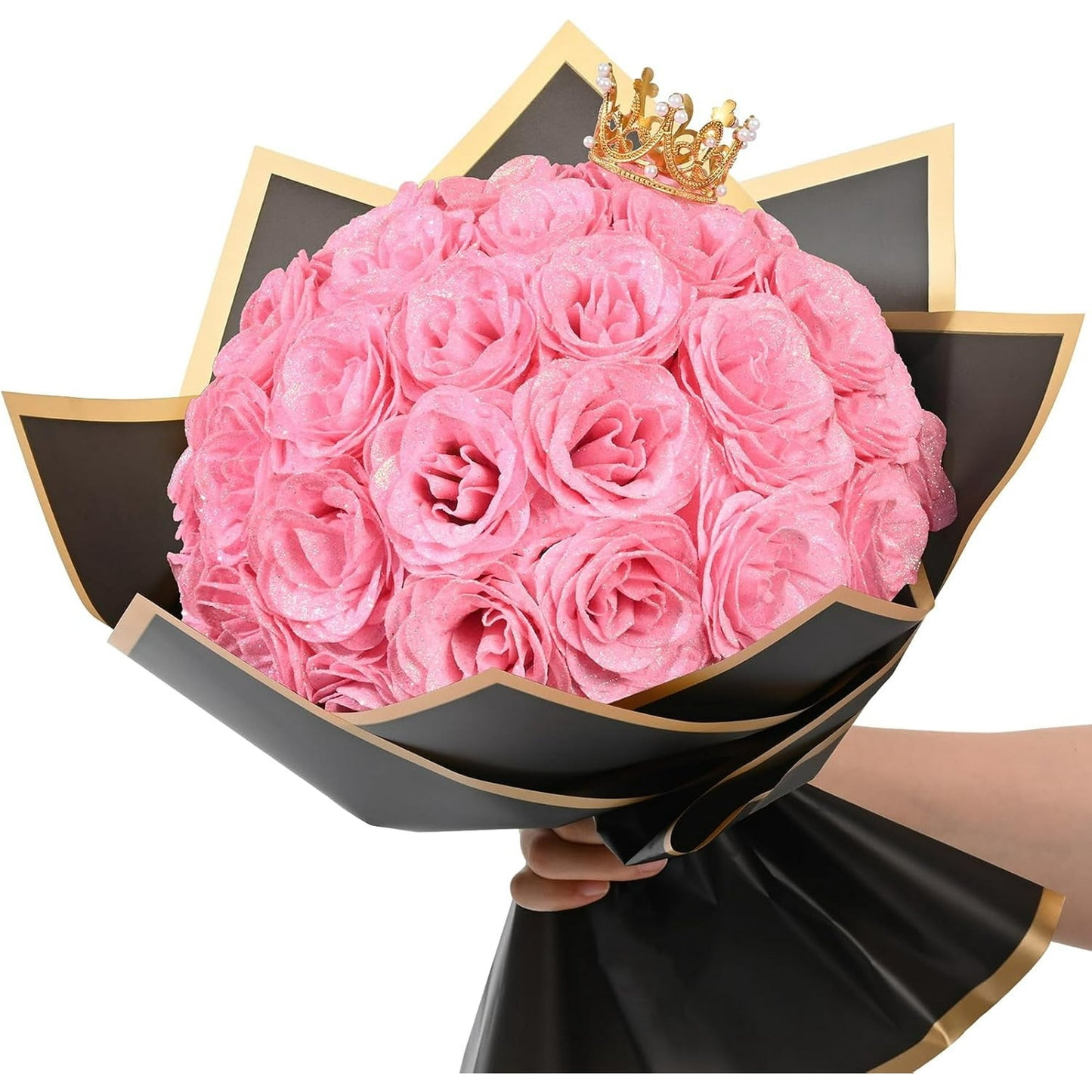 Waipfaru Glitter Roses Bouquet Pink,24pcs Artificial Rose Flower,DIY Glitter Everlasting Rose Bouquet with Stem for Valentine's Day Gifts,Engagement,Anniversary,Wedding