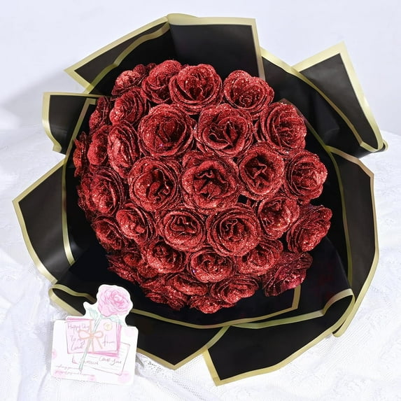 Waipfaru Glitter Roses Bouquet,24pcs Artificial Rose Flower,DIY Glitter Everlasting Rose Bouquet with Stem for Valentine's Day Gifts,Engagement,Anniversary,Wedding