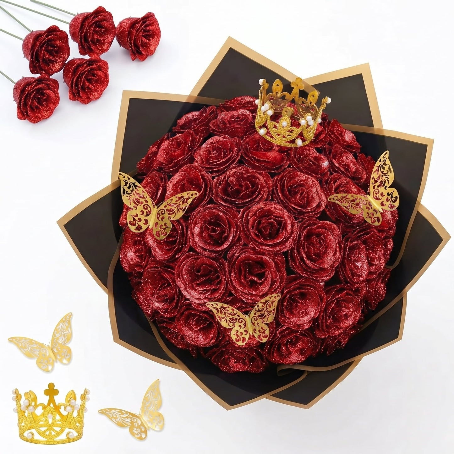 Waipfaru Glitter Roses Bouquet,24pcs Artificial Rose Flower,DIY Glitter Everlasting Rose Bouquet with Stem for Valentine's Day Gifts,Engagement,Anniversary,Wedding