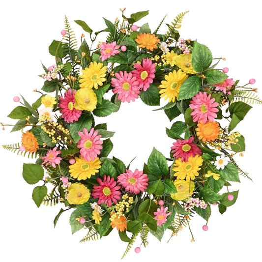 Waipfaru Spring Wreaths for Front Door, 22 inch Summer Floral Wreaths,Green Door Daisy Wreaths for Home Porch Window Wall Indoor Outdoor Decor