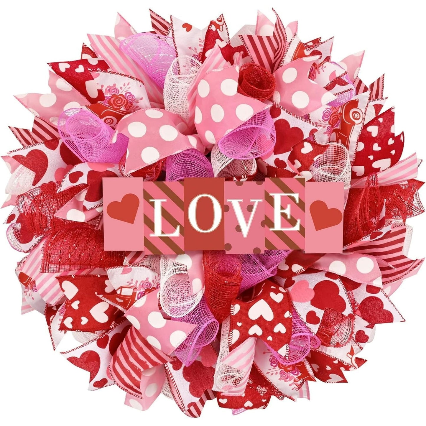 Waipfaru Valentines Day Wreath, 17 inch Round Mesh Wreath for Front Door,Valentine Wreath with Wooden Sign for Home Wedding Party