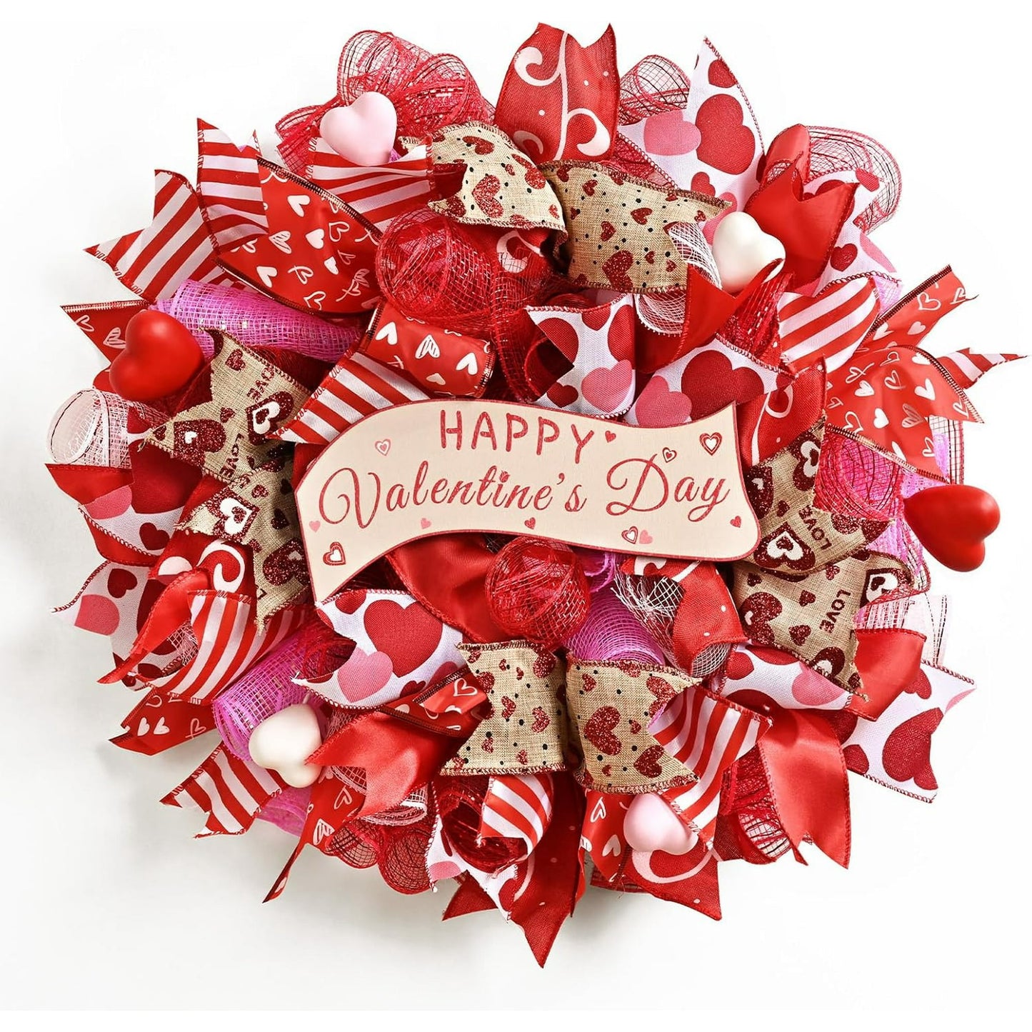 Waipfaru 18" Valentines Day Mesh Wreath for Front Door,Handmade Red & Pink Deco Mesh Wreath with Wooden Sign,Romantic Heart Ribbon Door Hanger for Valentine Decorations