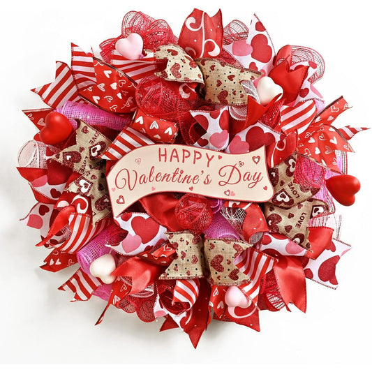 Waipfaru 18" Valentines Day Mesh Wreath for Front Door,Handmade Red & Pink Deco Mesh Wreath with Wooden Sign,Romantic Heart Ribbon Door Hanger for Valentine Decorations