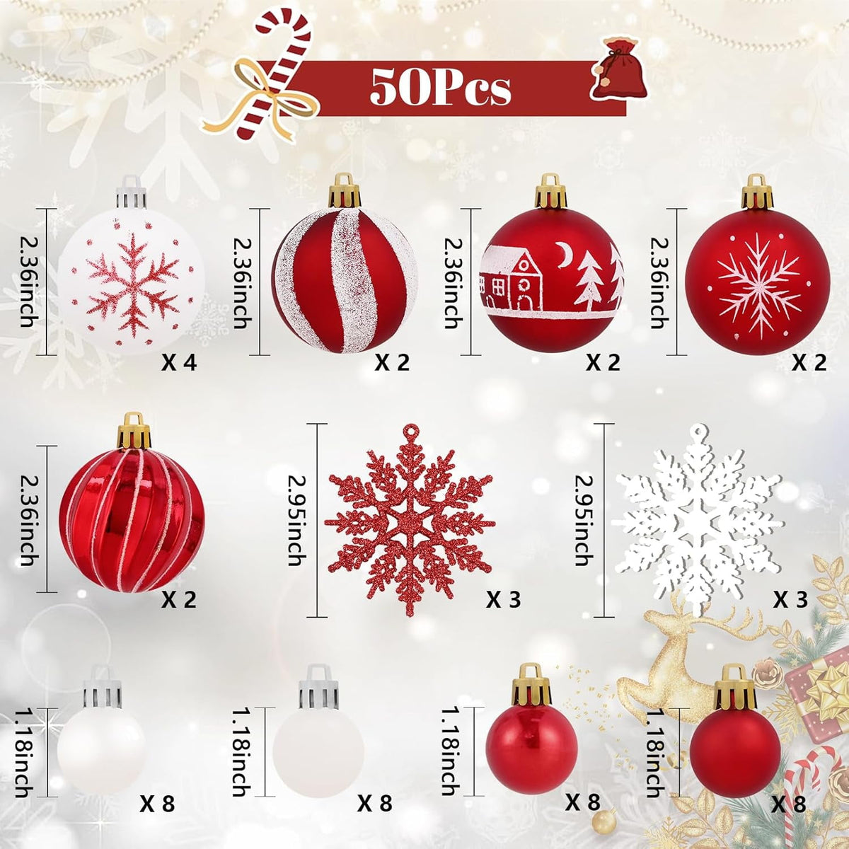 Waipfaru Christmas Balls Ornaments for Xmas Tree,50Pcs Shatterproof Christmas Tree Decorations, 2.36" Hanging Xmas Ball Ornaments Set for Holiday Party Decoration