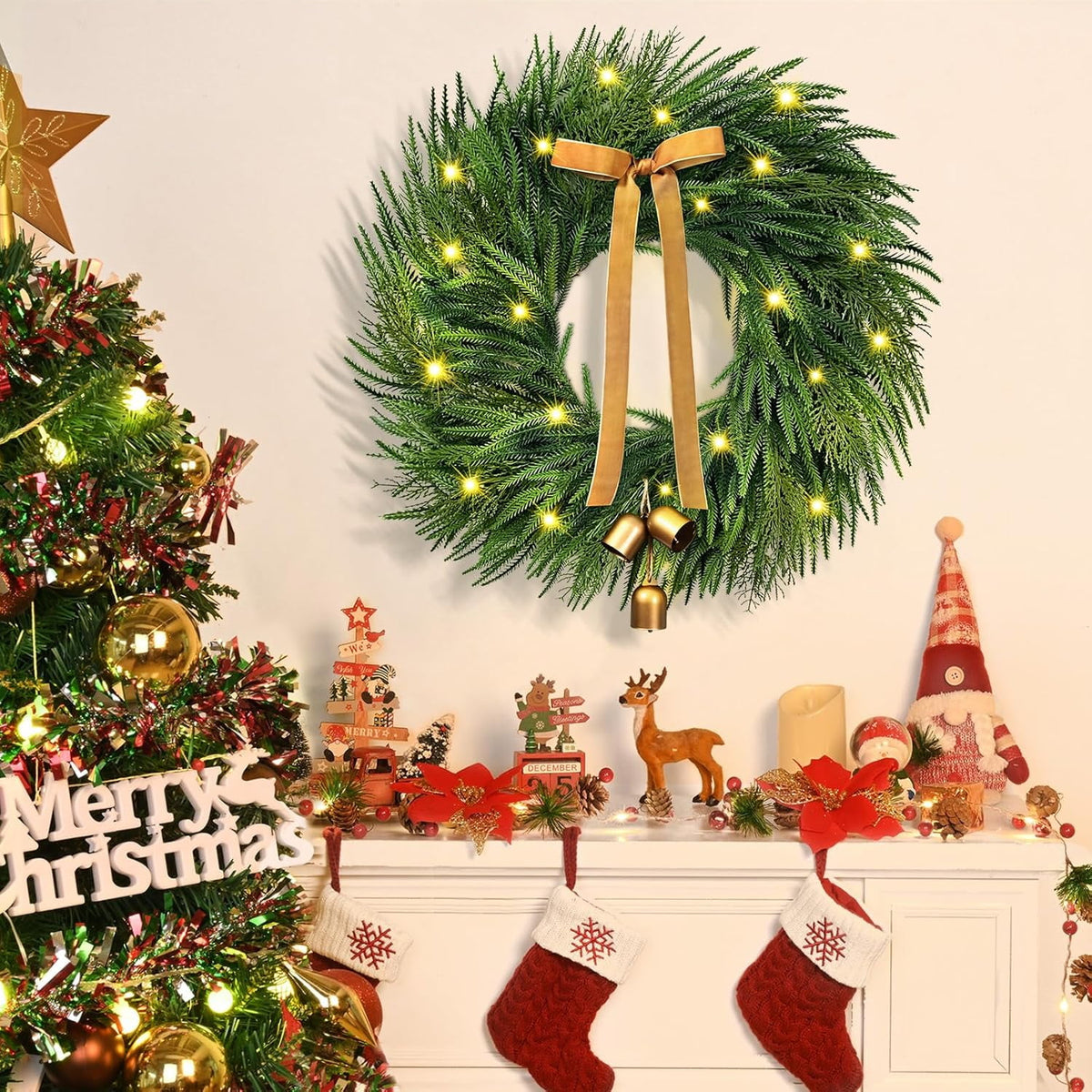 Waipfaru Christmas Wreath for Front Door,26 inch Pre-lit Artificial Holiday Wreath with Bow & Bells, Battery Operated, Front Door Christmas Decorations Indoor Outdoor