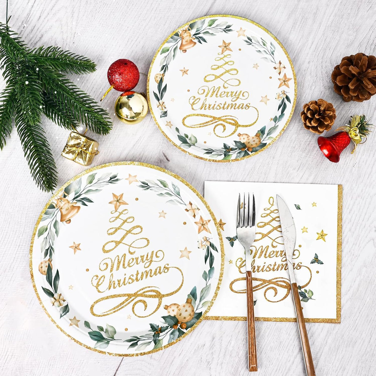 Waipfaru 200 PCS Christmas Paper Plates and Napkins Gold Christmas Tree Party Supplies Disposable Tableware Set for Dinner Party Decoration