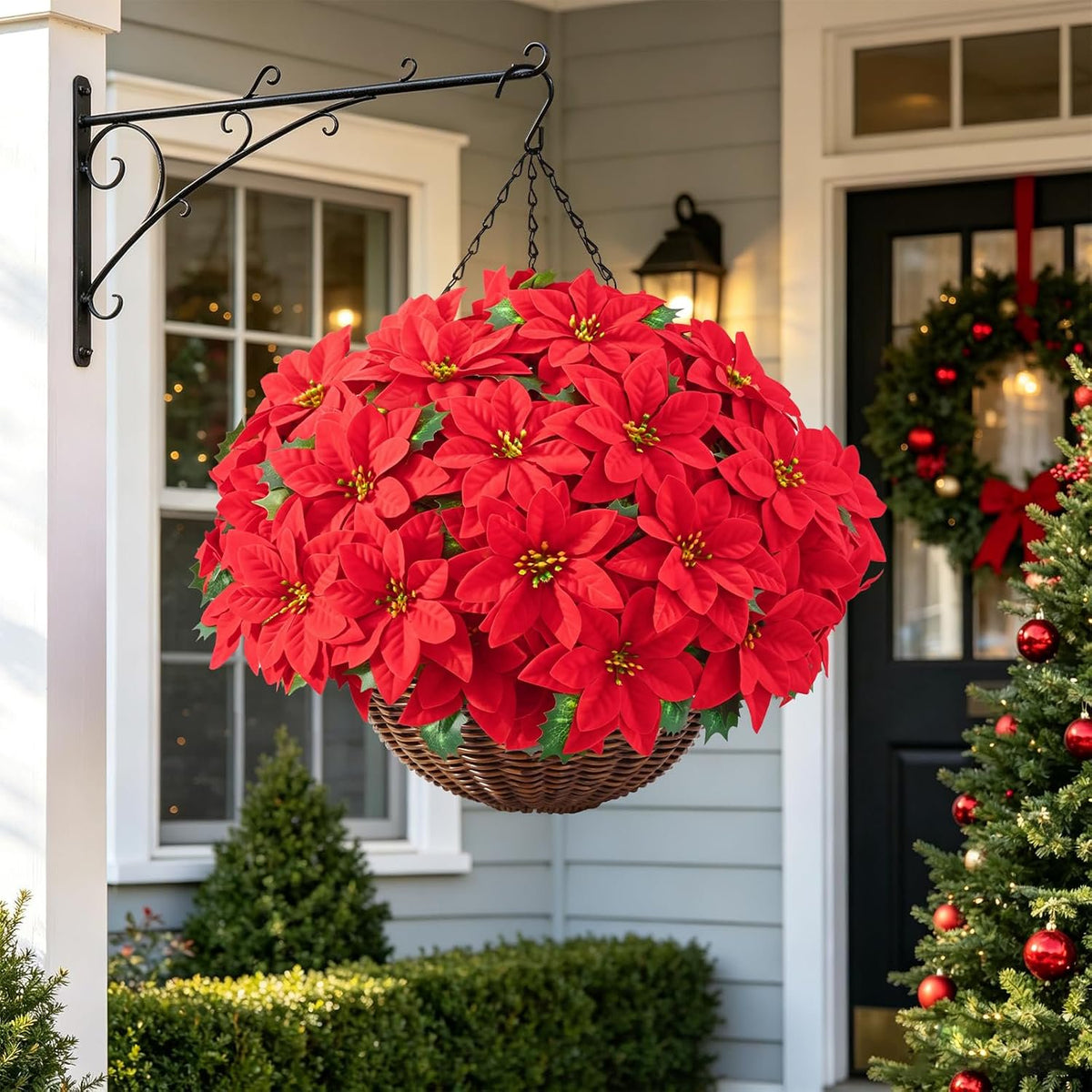 Waipfaru Artificial Poinsettia Christmas Hanging Basket, Fake Silk Red Poinsettia Flowers for Outdoor Indoor Front Porch Home Xmas Decor