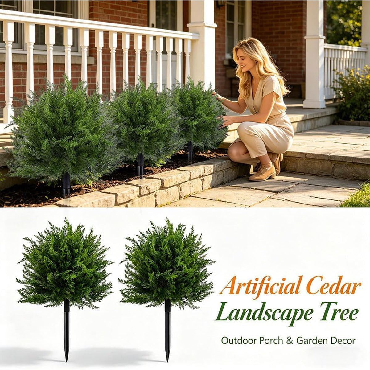 Waipfaru Set of 2 Artificial Cedar Topiary Tree, 22inch Outdoor Fake Plants with Stakes,UV Resistant Faux Shrubs for Front Porch Planter Backyard Decor