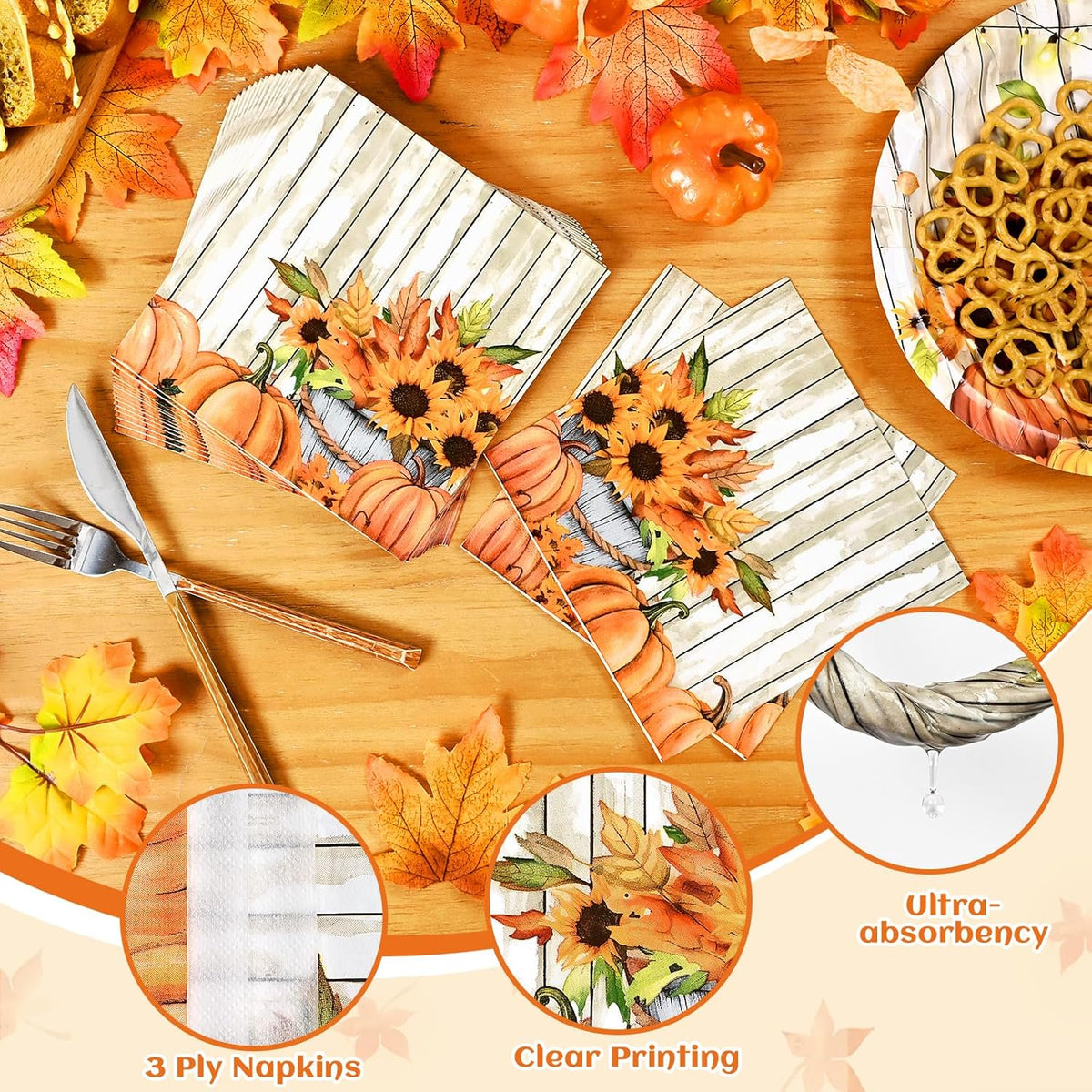 Waipfaru 200 Pcs Fall Paper Plates and Napkins Thanksgiving Party Supplies White Pumpkin Disposable Dinnerware Server 50