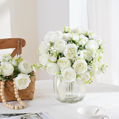 Waipfaru 2 Bundles Artificial Peonies Faux Flowers,Fake Peonies Artificial Flower Bouquet for Table Centerpiece,Silk Flowers for Home Wedding Decor Holding Flowers (White)