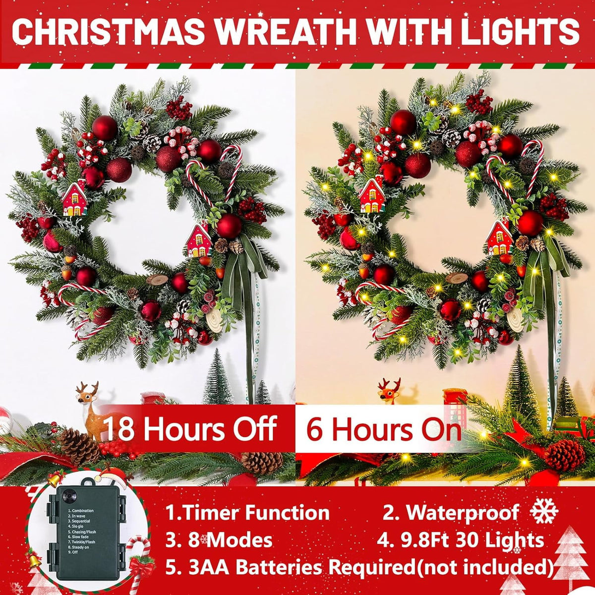 Waipfaru Artificial Christmas Wreaths with lights,20inch Christmas Door Wreath with Xmas Balls Berries Pinecones for Wall Fireplace Shop Window Decoration