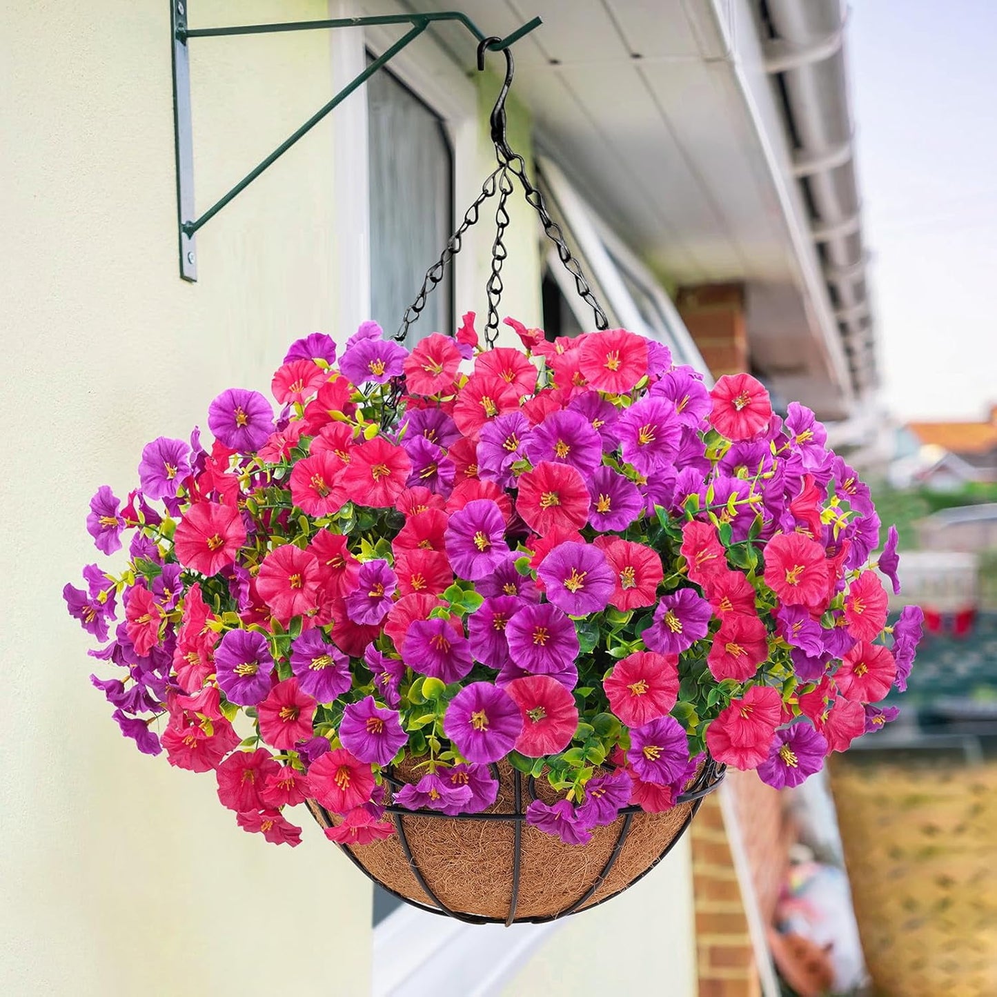 Waipfaru Artificial Hanging Flowers in Basket,2 Pcs Fake Hanging Plants for Outdoors Spring Summer Decoration,UV Resistant Petunias Flower for Garden Porch Patio Balcony Decor