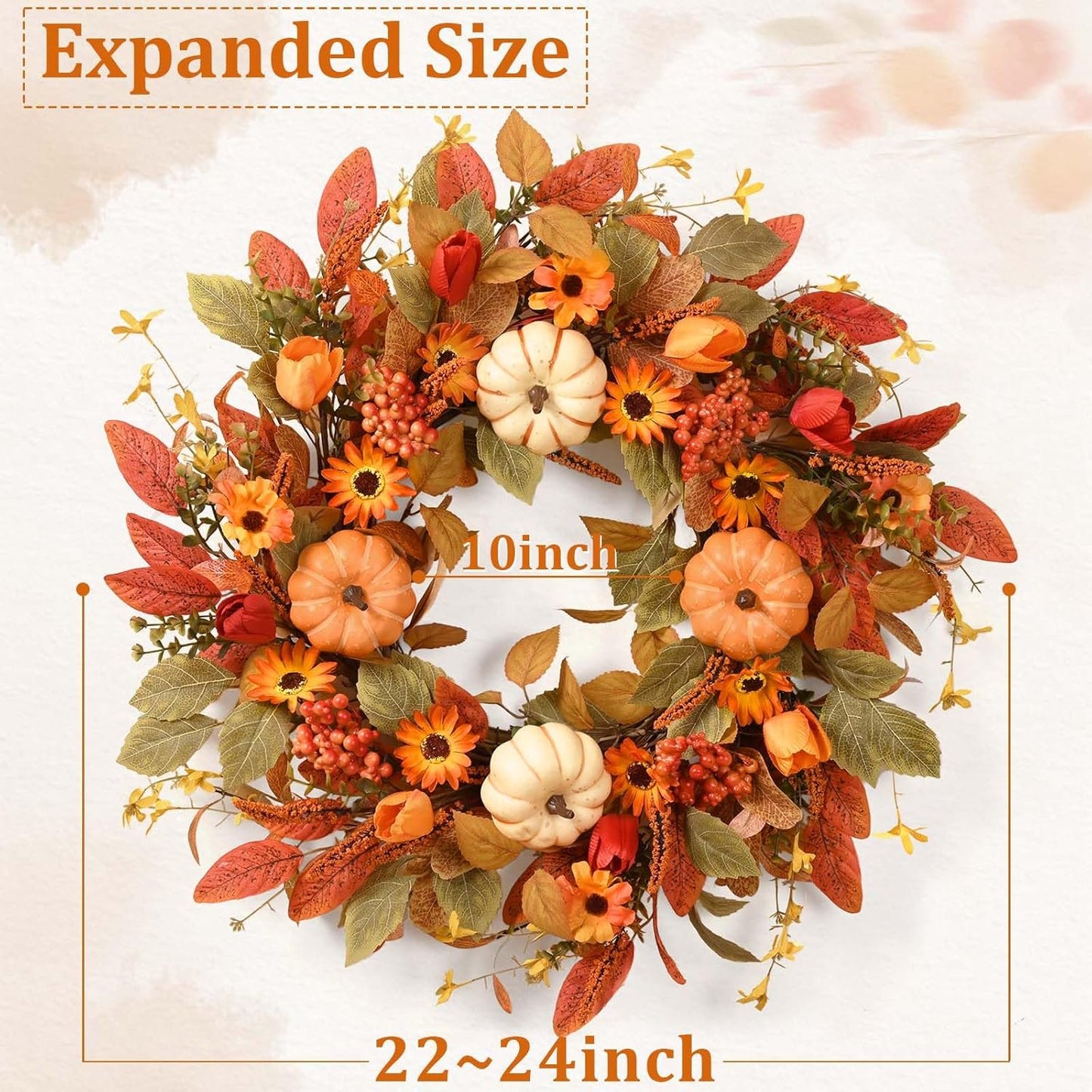 Waipfaru Fall Wreath for Front Door,Large 22inch Autumn Pumpkin Wreath with White Pumpkins, Berries & Flowers,Farmhouse Harvest Decor for Thanksgiving