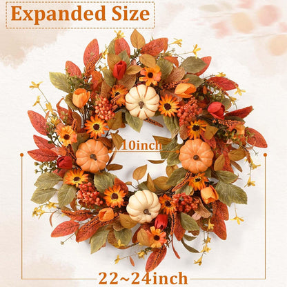 Waipfaru Fall Wreath for Front Door,Large 22inch Autumn Pumpkin Wreath with White Pumpkins, Berries & Flowers,Farmhouse Harvest Decor for Thanksgiving