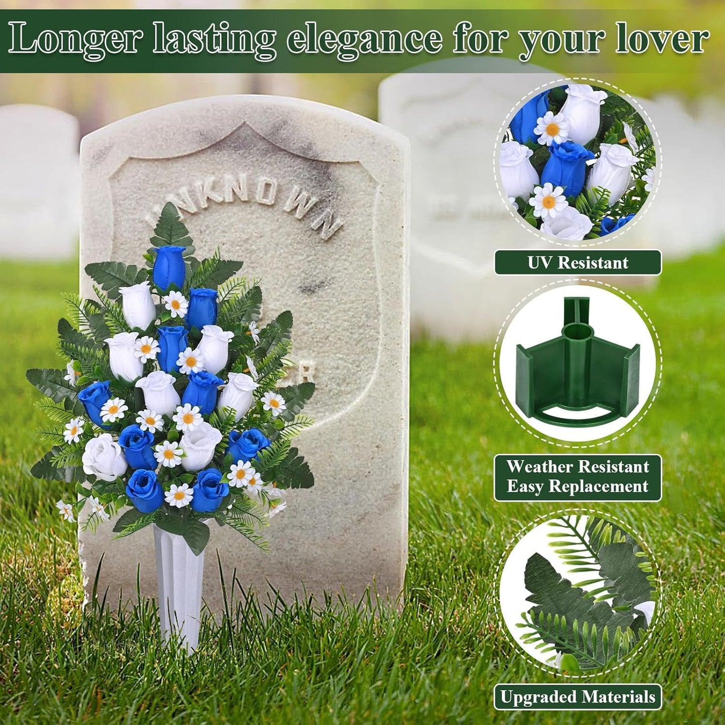Waipfaru Artificial Cemetery Flowers with Vase,2 Pack Artificial Rose Lily Grave Bouquet,Silk Memorial Flowers for Cemetery Headstones Decoration