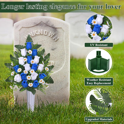 Waipfaru Artificial Cemetery Flowers with Vase,2 Pack Artificial Rose Lily Grave Bouquet,Silk Memorial Flowers for Cemetery Headstones Decoration