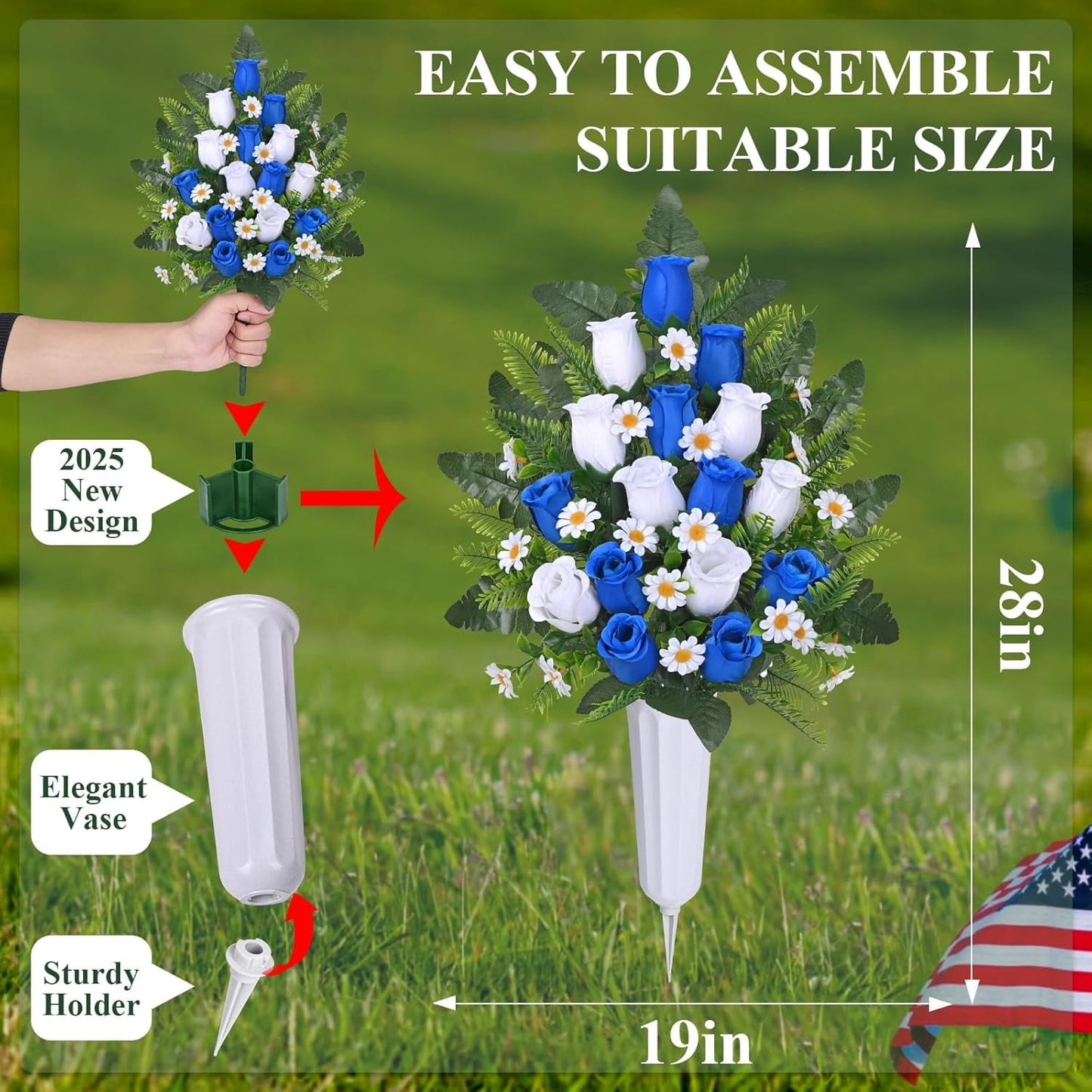 Waipfaru Artificial Cemetery Flowers with Vase,2 Pack Artificial Rose Lily Grave Bouquet,Silk Memorial Flowers for Cemetery Headstones Decoration