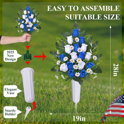 Waipfaru Artificial Cemetery Flowers with Vase,2 Pack Artificial Rose Lily Grave Bouquet,Silk Memorial Flowers for Cemetery Headstones Decoration