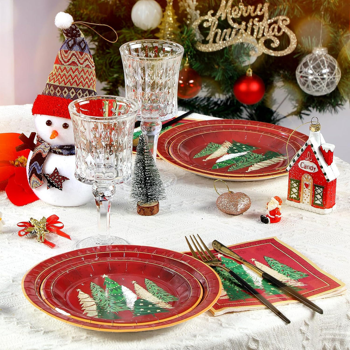 Waipfaru 200pcs Christmas Paper Plates and Napkins Set Decorations for 50 Guests, Holiday Tableware set, Disposable Merry Christmas Theme Party Decor