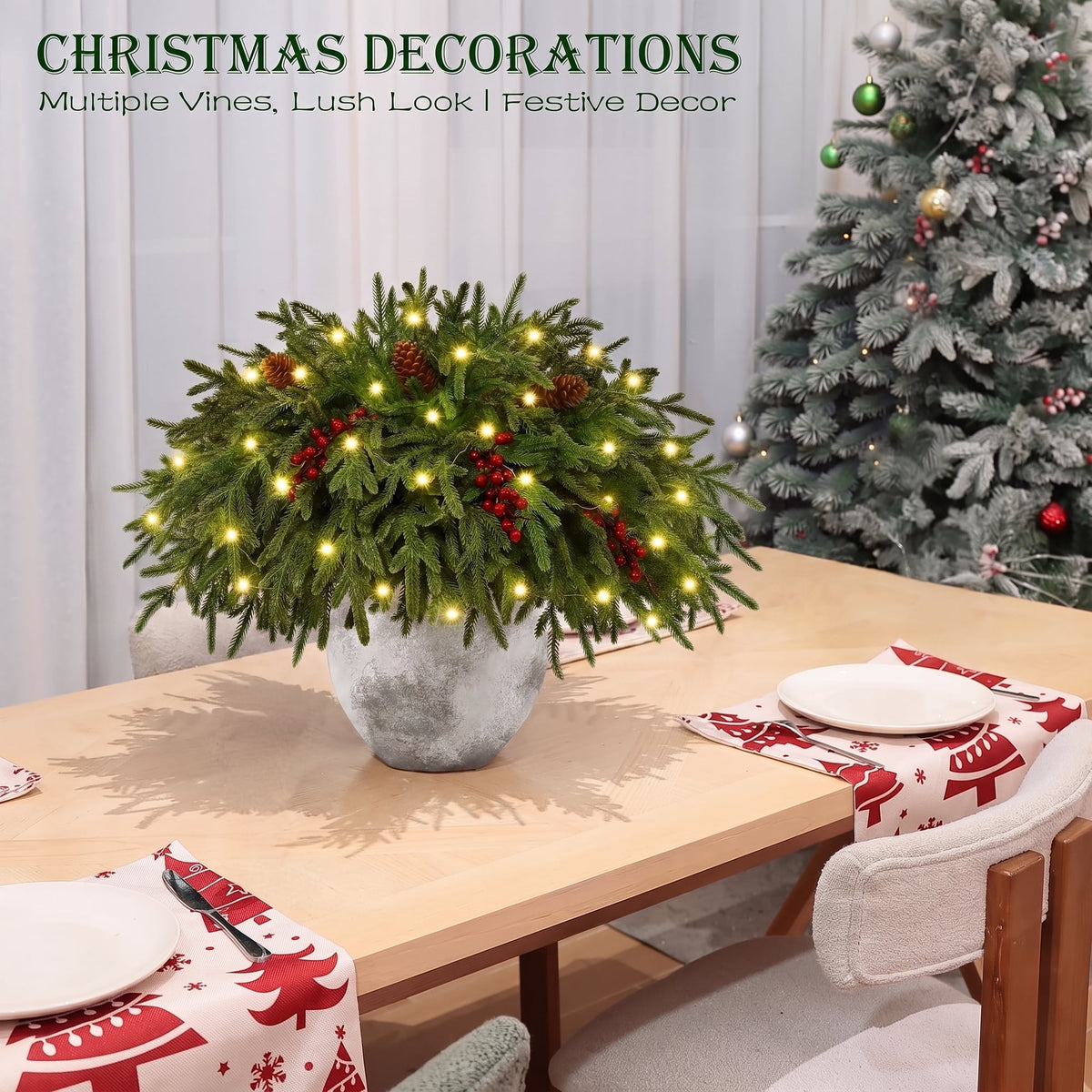 Waipfaru Artificial Christmas Norfolk Pine Branches with Lights,24 Pcs Fake Evergreen Real Touch Greenery Stem for Xmas Holiday Winter Table Indoor Decor
