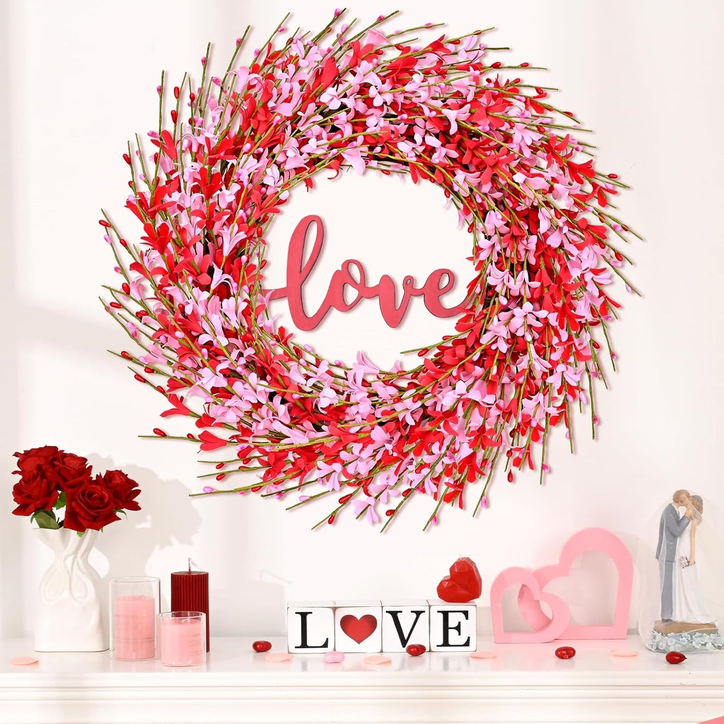 Waipfaru 20 inch Artificial Pink Forsythia Wreath, Valentine's Day Front Door Wreath, Spring Pink Wreath for Home Wedding Window Wall Window Decor
