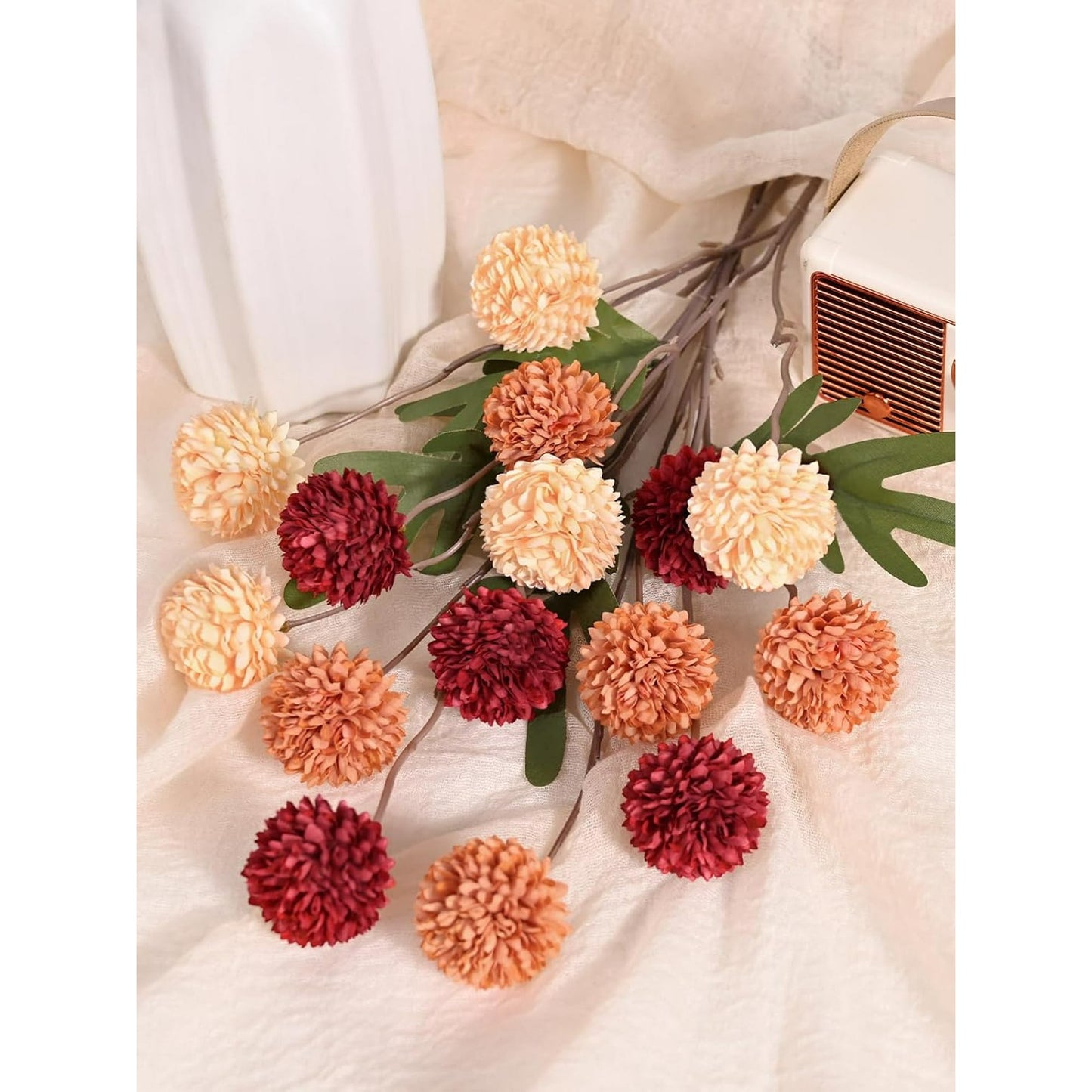 Waipfaru 12pcs Fake Silk Pompon Mum Artificial Flowers,Small Faux Chrysanthemums with Stems,Realistic Floral Decorations for Wedding DIY Bouquet Centerpieces Shower Vase Home Decor