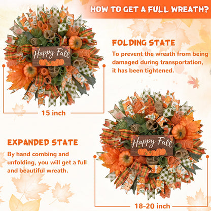 Waipfaru Fall Wreath for Front Door,20"Autumn Mesh Door Wreath with Pumpkins,Rustic Farmhouse Decor for Thanksgiving Harvest Home Decor