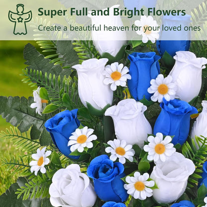 Waipfaru Artificial Cemetery Flowers with Vase,2 Pack Artificial Rose Lily Grave Bouquet,Silk Memorial Flowers for Cemetery Headstones Decoration