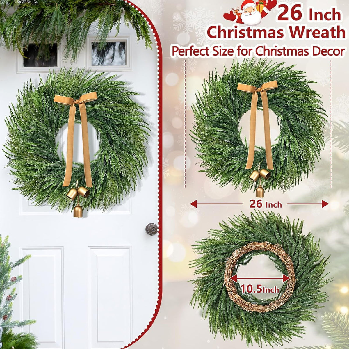 Waipfaru Christmas Wreath for Front Door,26 inch Pre-lit Artificial Holiday Wreath with Bow & Bells, Battery Operated, Front Door Christmas Decorations Indoor Outdoor