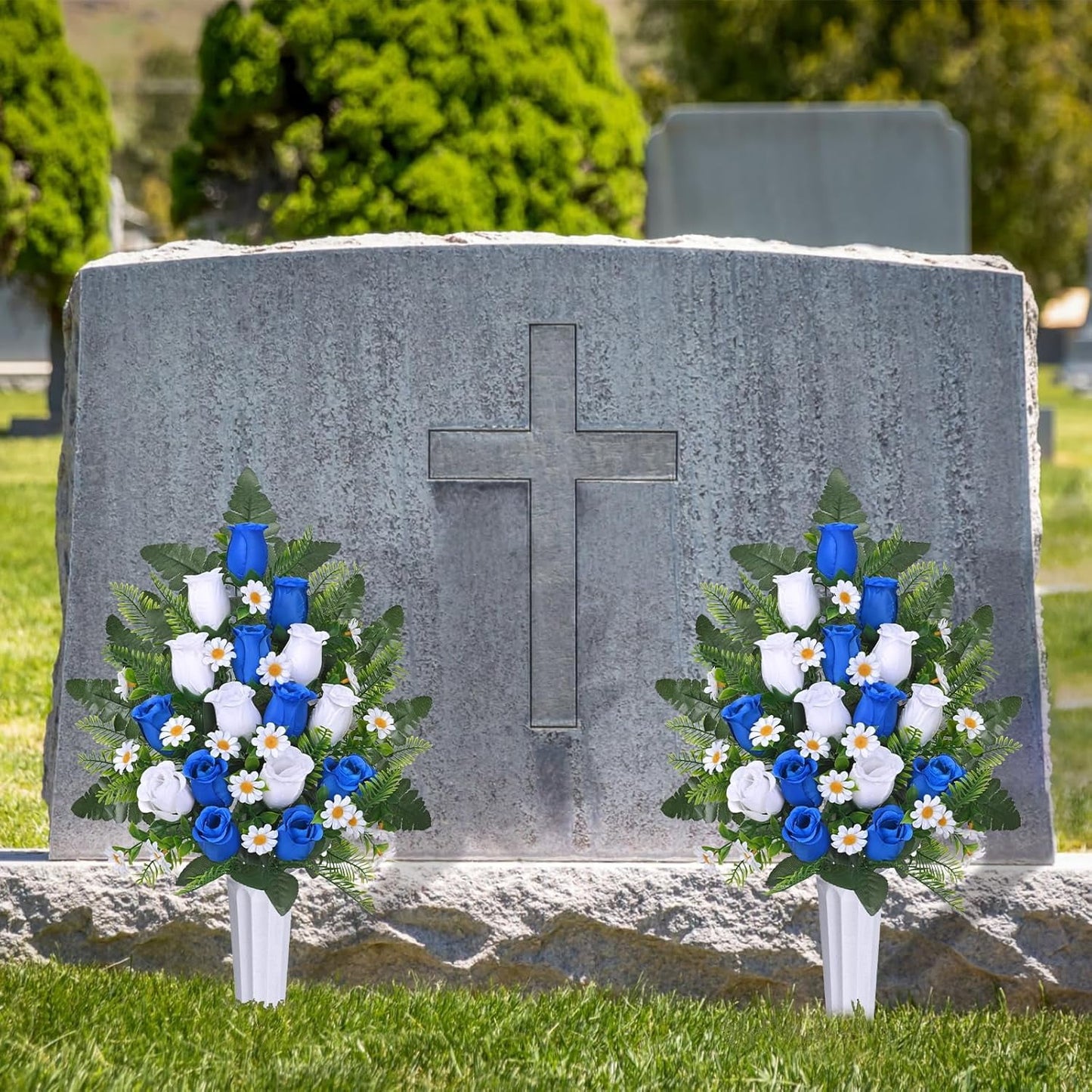 Waipfaru Artificial Cemetery Flowers with Vase,2 Pack Artificial Rose Lily Grave Bouquet,Silk Memorial Flowers for Cemetery Headstones Decoration