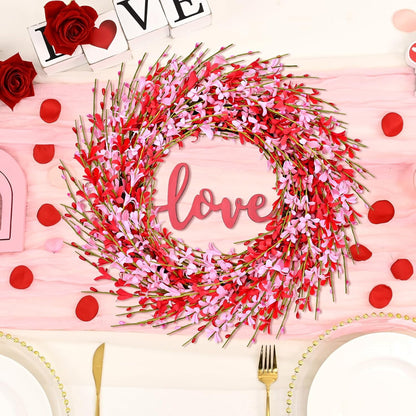 Waipfaru 20 inch Artificial Pink Forsythia Wreath, Valentine's Day Front Door Wreath, Spring Pink Wreath for Home Wedding Window Wall Window Decor