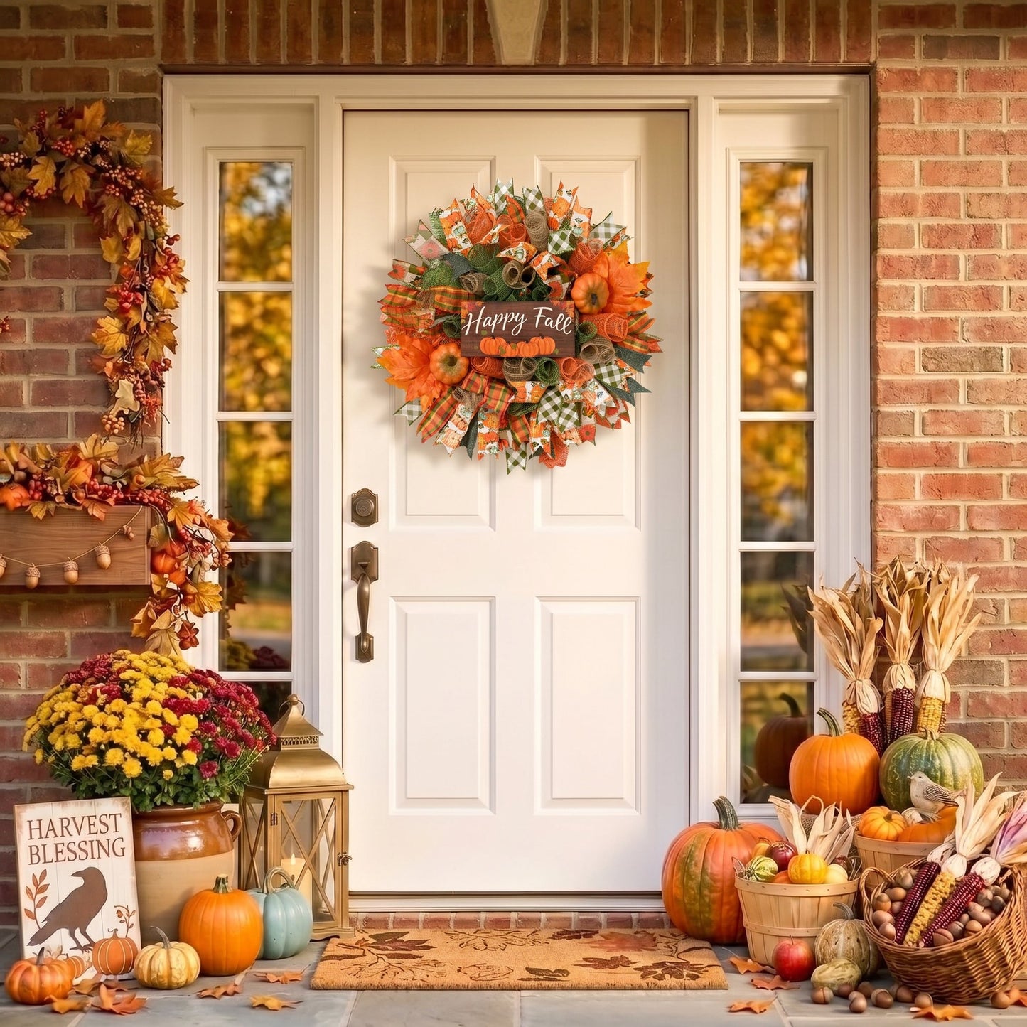 Waipfaru Fall Wreath for Front Door,20"Autumn Mesh Door Wreath with Pumpkins,Rustic Farmhouse Decor for Thanksgiving Harvest Home Decor