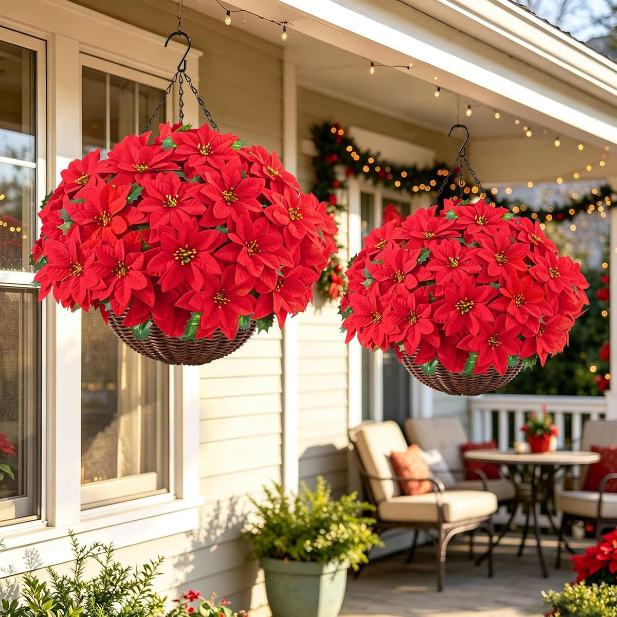 Waipfaru Artificial Poinsettia Christmas Hanging Basket, Fake Silk Red Poinsettia Flowers for Outdoor Indoor Front Porch Home Xmas Decor