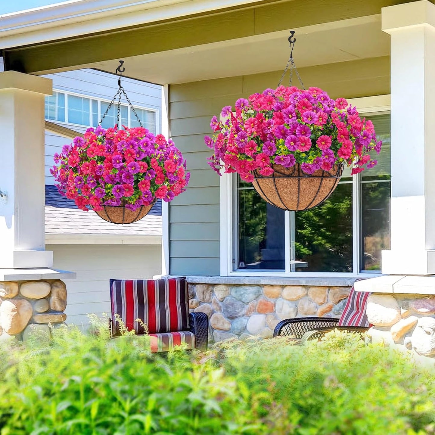 Waipfaru Artificial Hanging Flowers in Basket,2 Pcs Fake Hanging Plants for Outdoors Spring Summer Decoration,UV Resistant Petunias Flower for Garden Porch Patio Balcony Decor