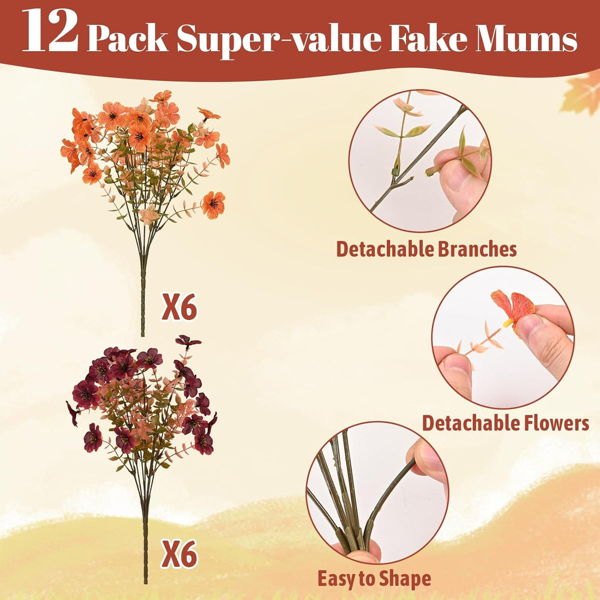 Waipfaru Artificial Fall Flowers for Outdoor, 24 Bundles Faux Mums Fake Fall Plants for Decoration, UV Resistant No Fade Silk Plastic Flower for Autumn Porch Patio Planters Yard Garden