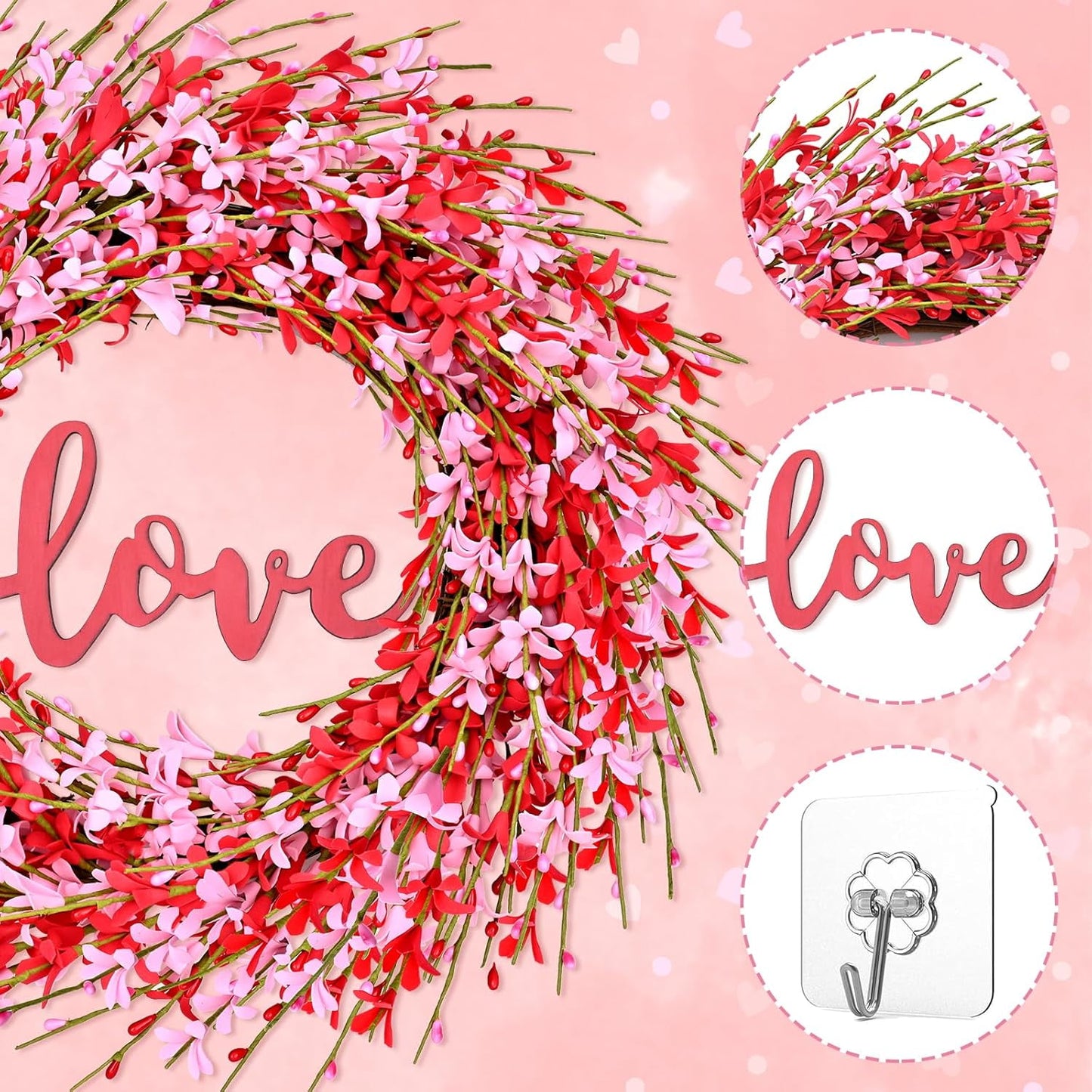 Waipfaru 20 inch Artificial Pink Forsythia Wreath, Valentine's Day Front Door Wreath, Spring Pink Wreath for Home Wedding Window Wall Window Decor