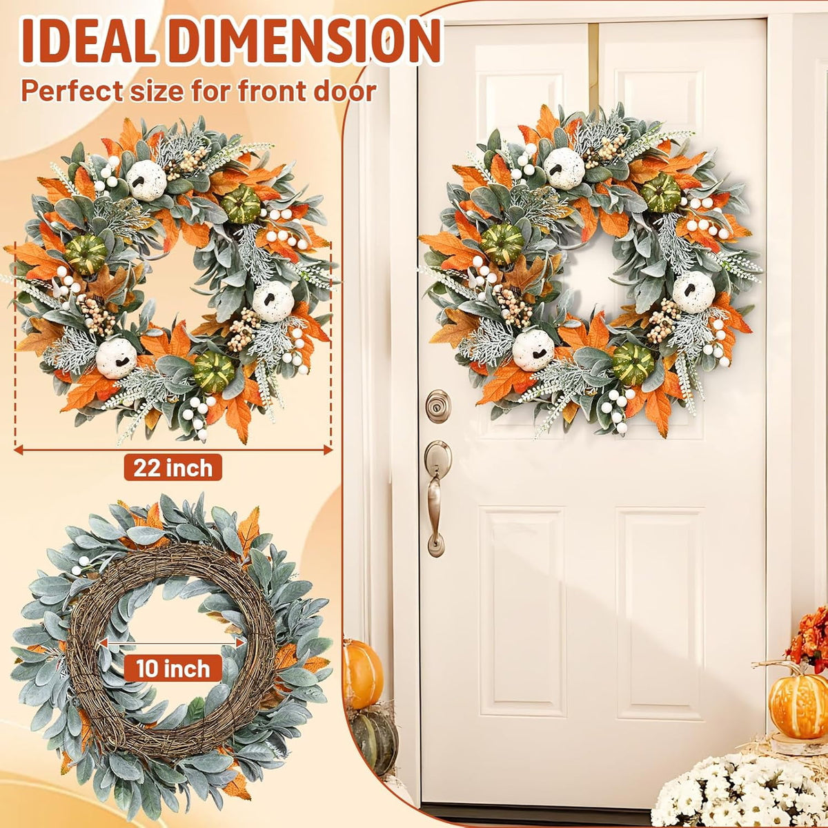 Waipfaru Fall Wreath for Front Door, 22inch Autumn Maple Leaves Wreaths with Lights, Table Centerpiece Thanksgiving Halloween Harvest Festival Decor