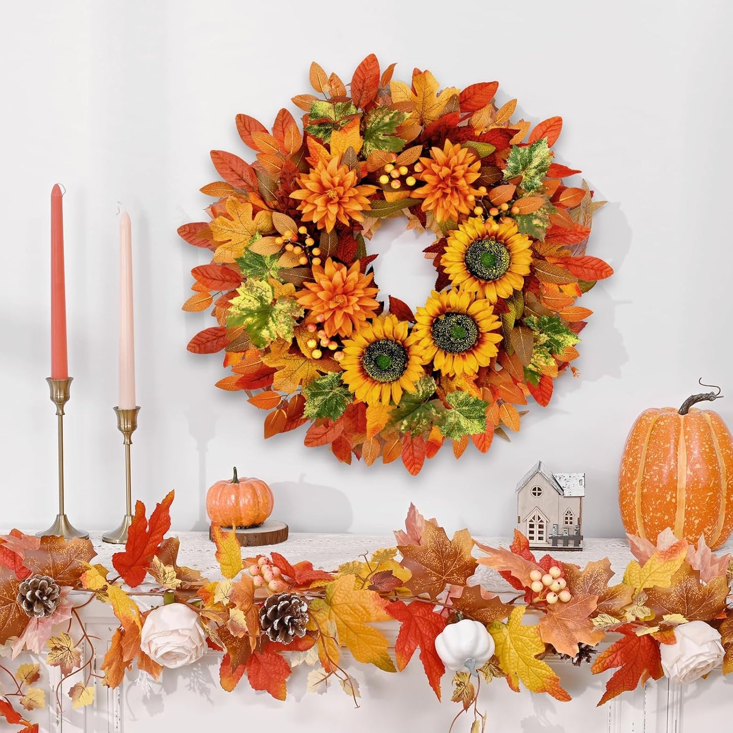 Waipfaru Fall Wreath for Front Door,22inch Sunflower and Dahlia Autumn Wreath, Large Fall Floral Wreath for Thanksgiving, Harvest & Farmhouse Decor