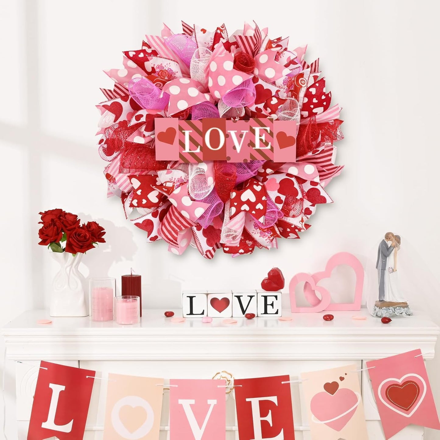 Waipfaru Valentines Day Wreath, 17 inch Round Mesh Wreath for Front Door,Valentine Wreath with Wooden Sign for Home Wedding Party
