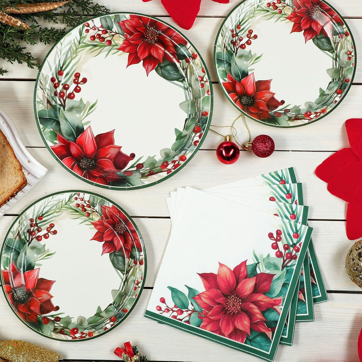 Waipfaru 200 PCS Christmas Paper Plates and Napkins Disposable, Christmas Poinsettia Printed Round Disposable Plates for Christmas Holiday Dinner Birthday Party Supplies