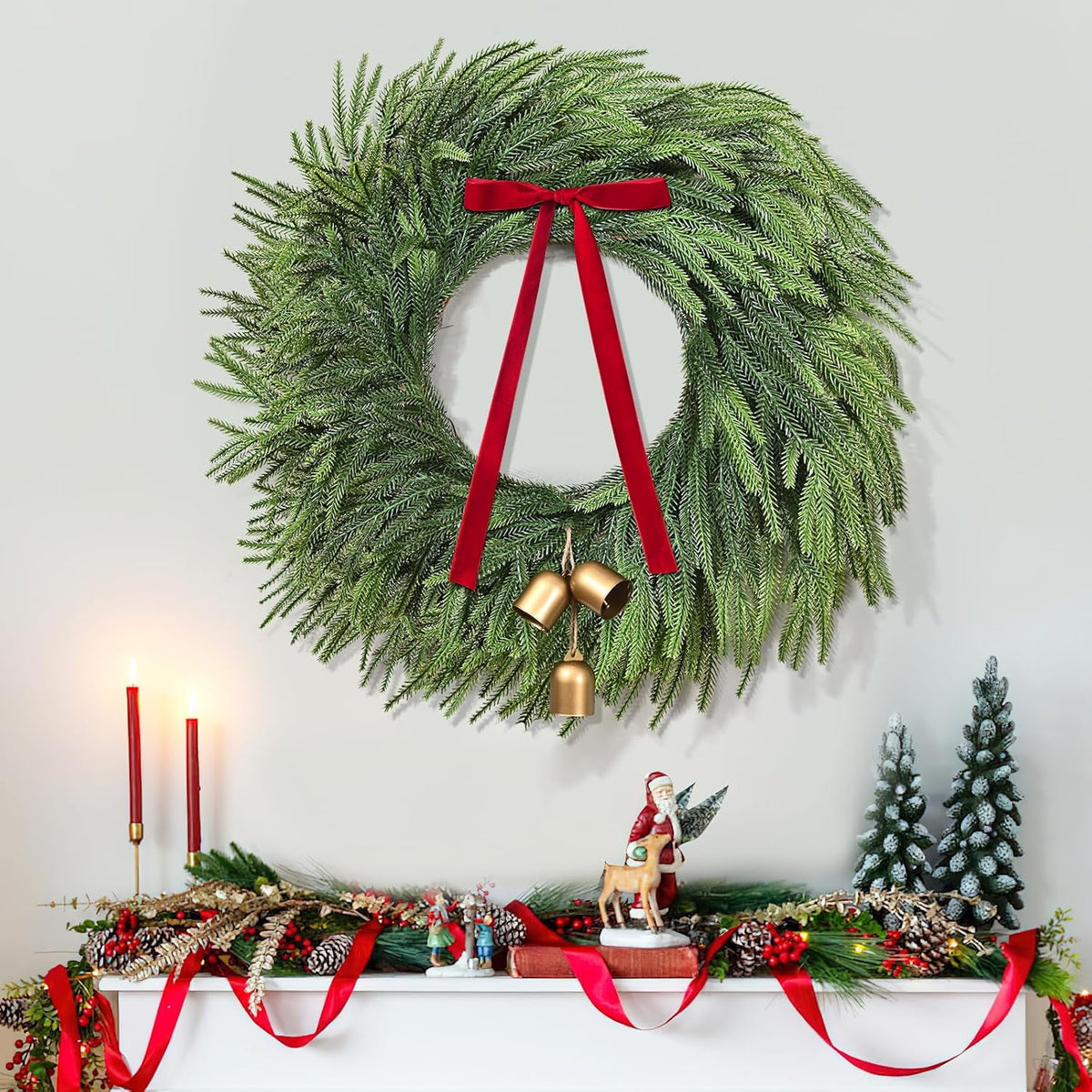 Waipfaru Christmas Wreath with Lights,24 inch Pre-lit Artificial Holiday Wreath with Bow & Bells, Battery Operated, Front Door Christmas Decorations Indoor Outdoor