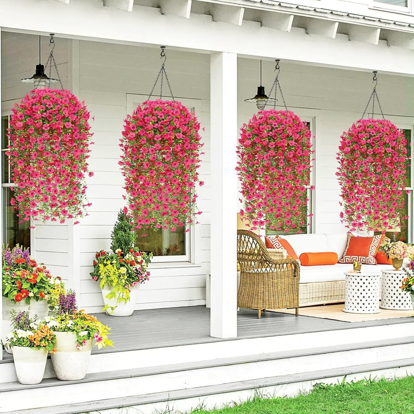 Waipfaru Artificial Hanging Flowers for Outdoors Spring Summer Decoration,2 Pcs UV Resistant Faux Silk Violet Fake Flowers for Garden Porch Window Home Decor(Rose Red)